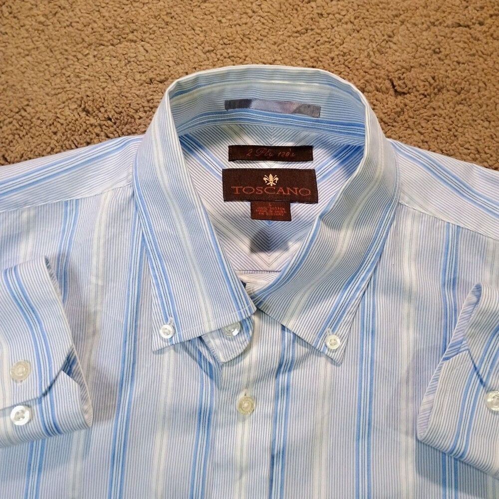 Toscano‎ Button Down Shirt Mens XL Blue White Striped 2 Ply 120s Cotton Preppy